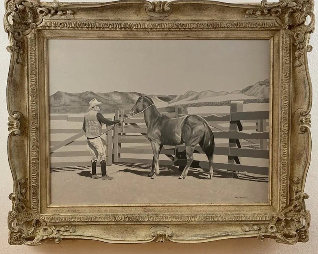 Western Cowboy and Horse Black and White Collection Oil Painting by Walt Johnston: Cowboy Oil painting on Canvas - Frame: 28 in H x 24 in