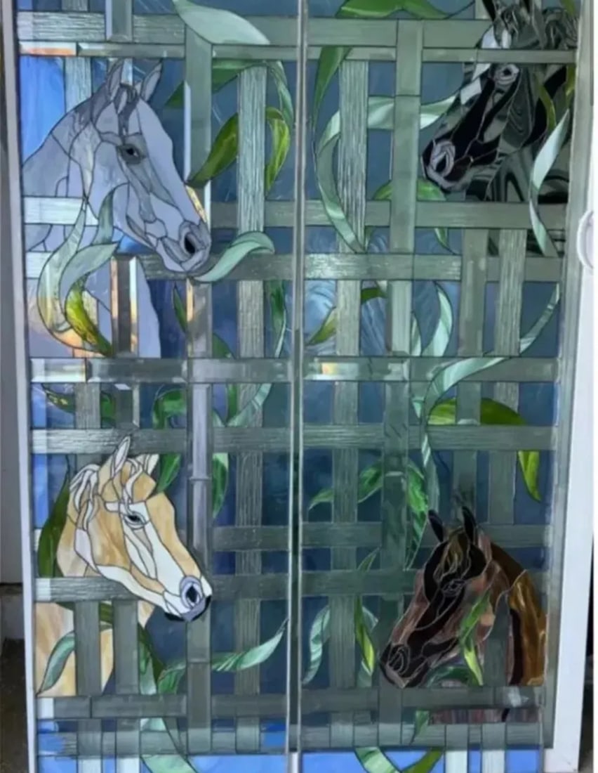 Pair of Horses Stained Glass: 2 Panels. Size for each : 66 in x 21 in