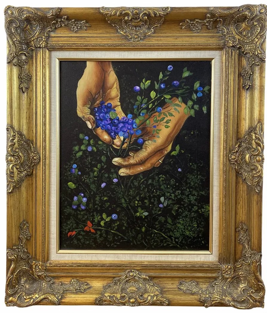 Blueberry Harvest A. O. Smith Oil on Canvas Painting: Frame: 30 in L x 26 in L -