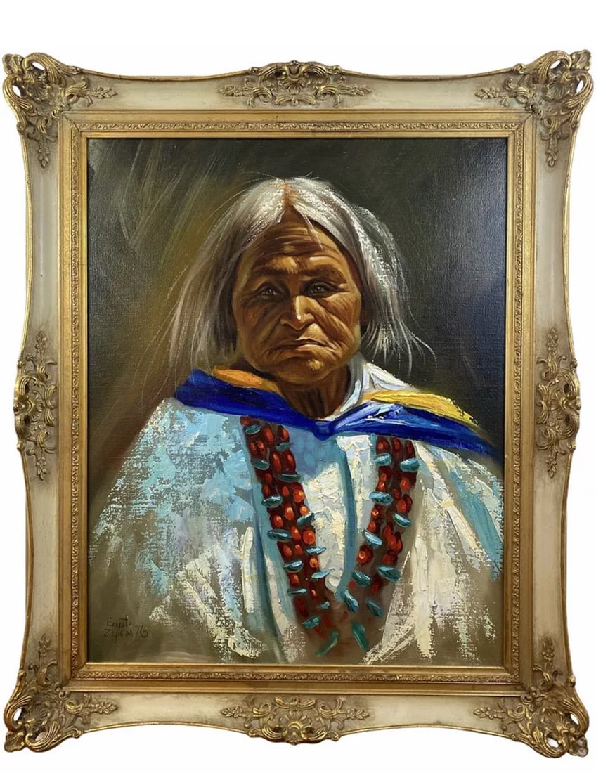 1976 Native Oil Painting by Ernesto Zepeda 1976: Frame : 36 in H x 30 1/2 in L -