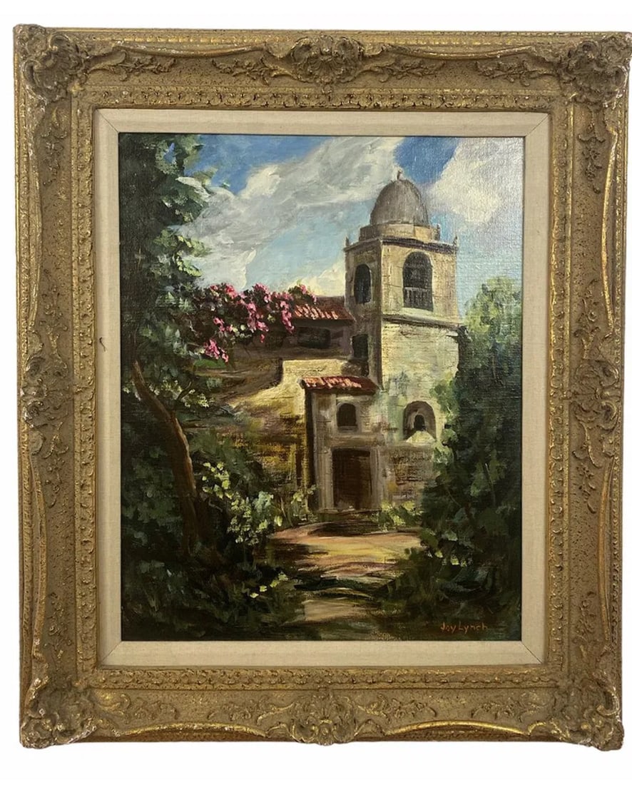 Hacienda Church Oil Painting on Canvas by Joy Lynch: Frame: 27in H x 23 in L