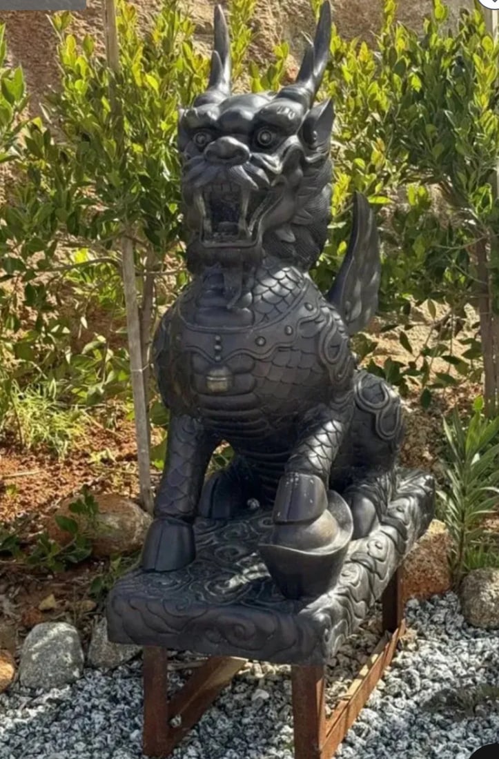 Large Bronze Dragon Foo Dog Sculpture: SIZE: 44 X 25 IN X 13 IN