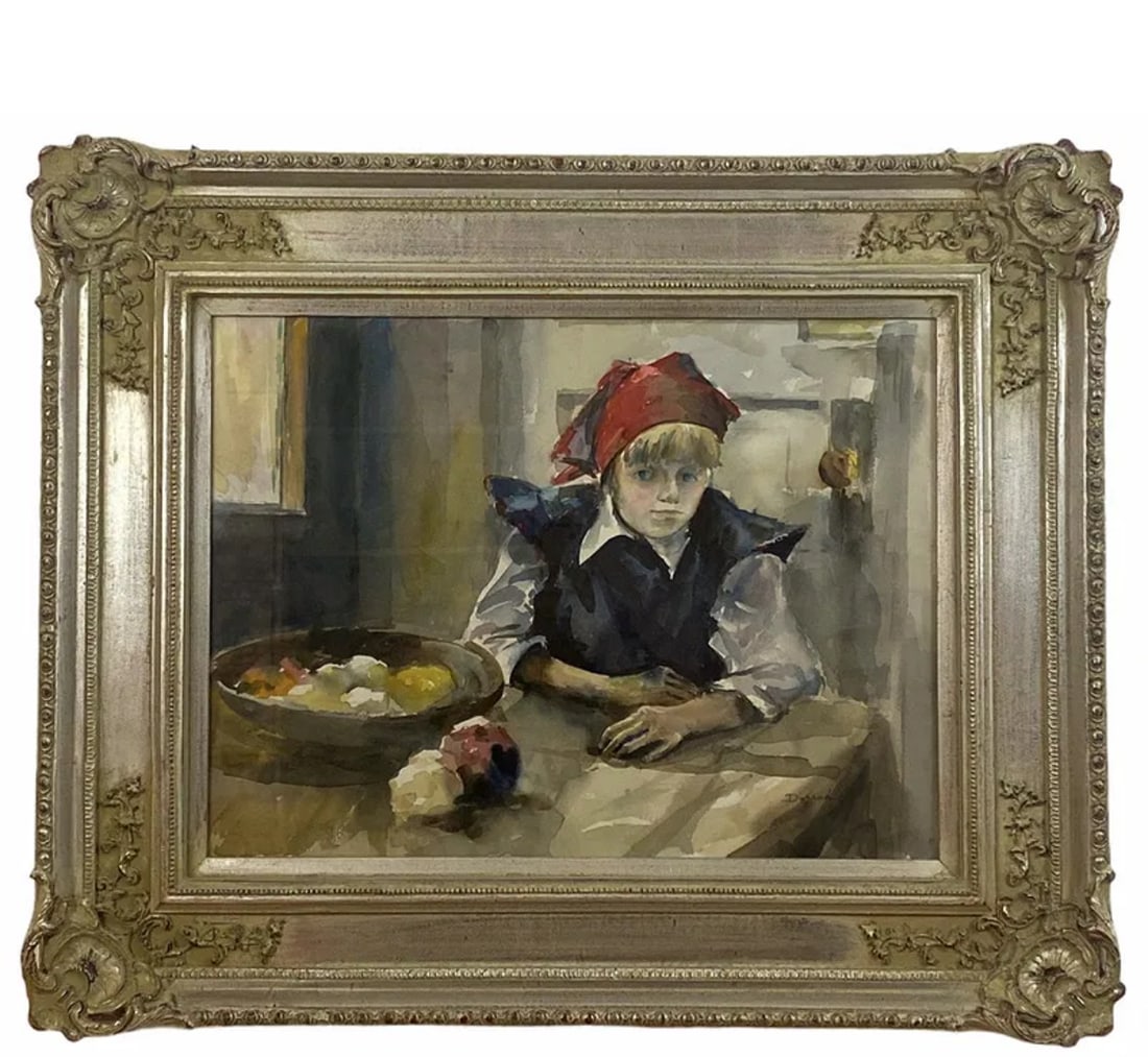 WaterColor Girl in the Kitchen Art by Tom Darrah: Frame: 33 1/2 x 26 1/2 L