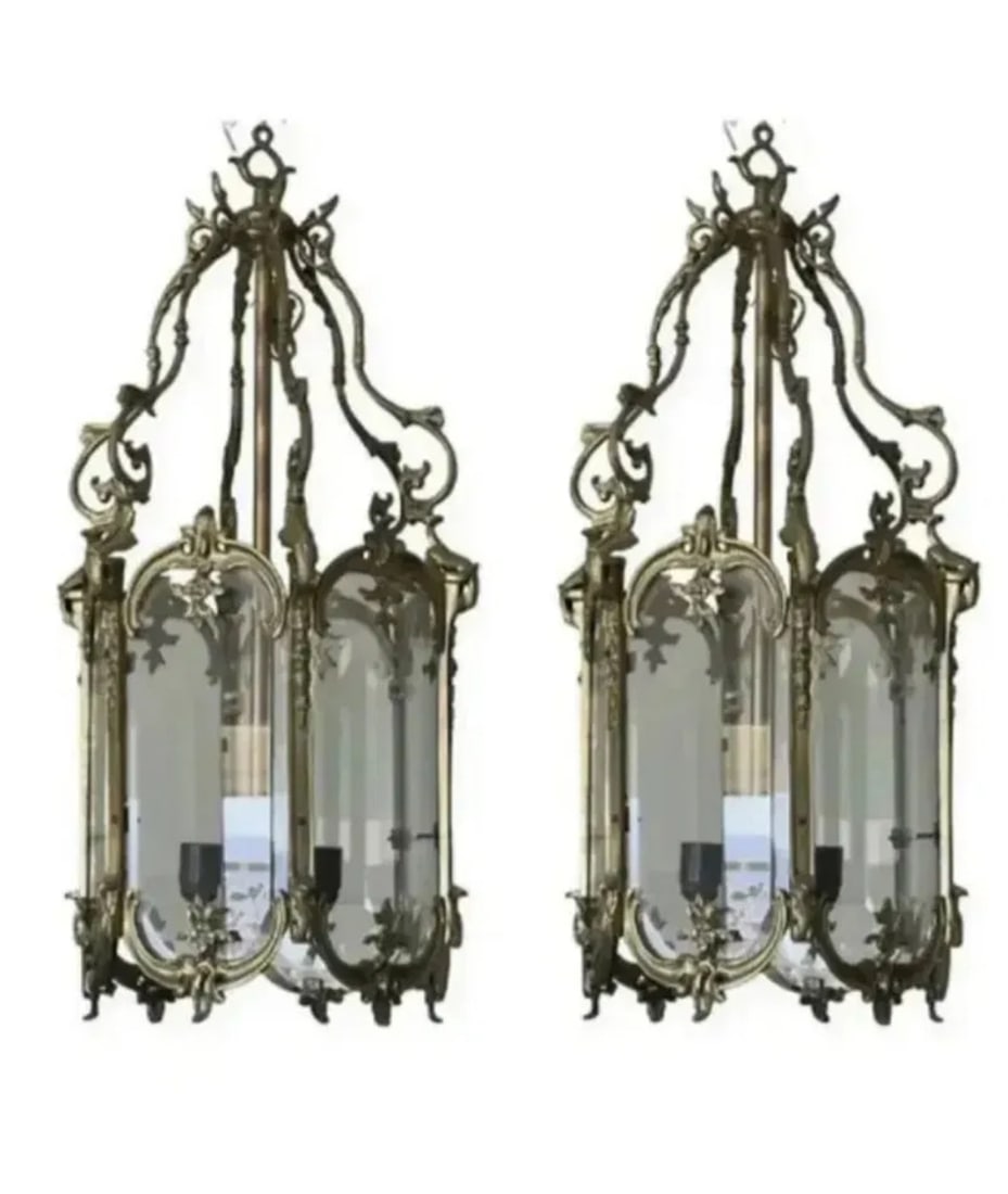 Pair of French Style Chandeliers Set: Size: 33 in x 12.5 in Glass and Bronze