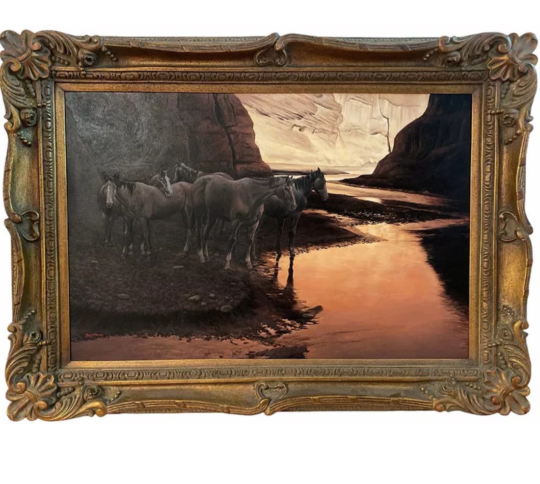 Horses Oil Painting by Hector Morales: Oil on Canvas - Frame size 33in x44inPainting size 35.5in x23.5 in *****Hector Moralesspecializes in southwestern art, and has been painting for almost fifty years. His specialities include oil and