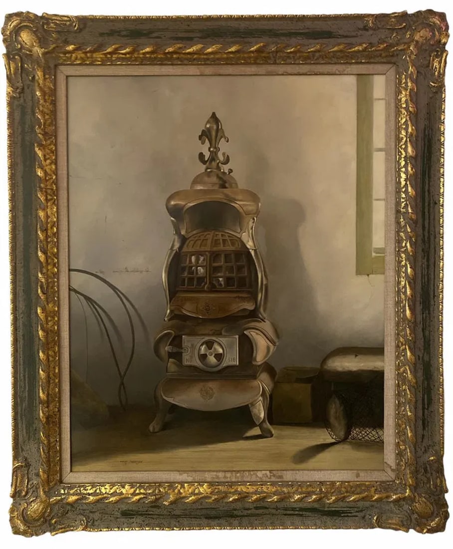 1962 Wood Burning Oil on Panel by Walt Johnston: Great Western Cast Iron Wood Burning - Hand oil Painting by Walt Johnston *****Parlor Stove Frame: 38 in H x 32 in - Painting: 29 12 x 23 1/2 *****