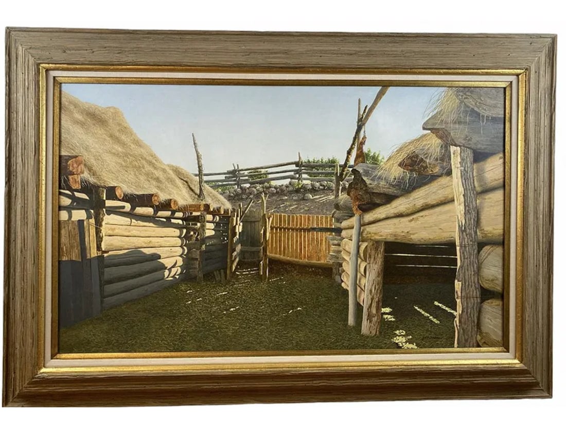 Ranch House Oil Painting by Walt Johnston: Frame: 50 in L x 34 in H - Painting: 40in x 34 in ****Walt Johnston ( 1932-2018) was a contemporary realist. He looked at everything in the most modern way, saw the underlying abstract form, then