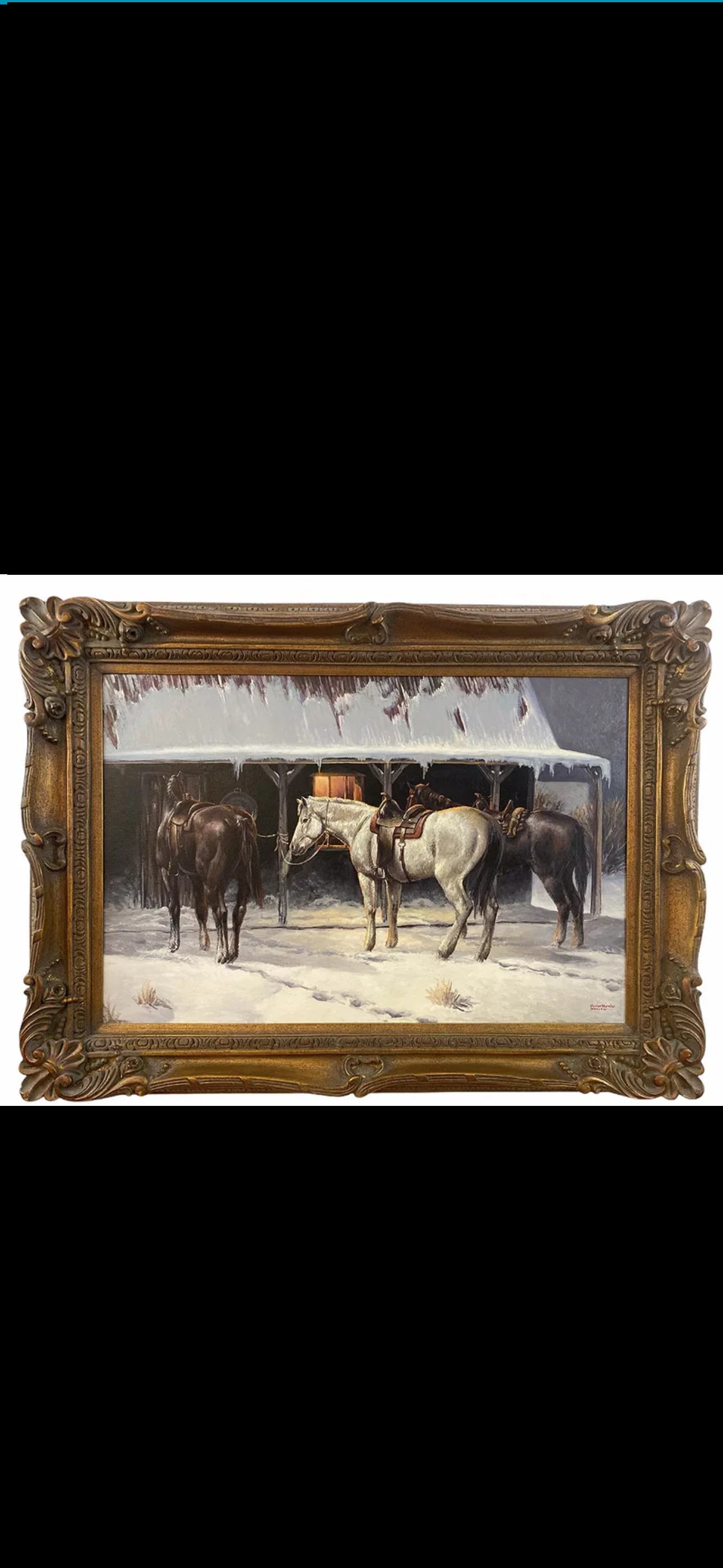 Winter Horses Oil Painting by Hector Morales: Oil on Panel - Frame Size: 44 in L x 33 in H - Painting: 35 1/2 x 23 1/2 About HectorHector Moralesspecializes in southwestern art, and has been painting for almost fifty years. His specialities
