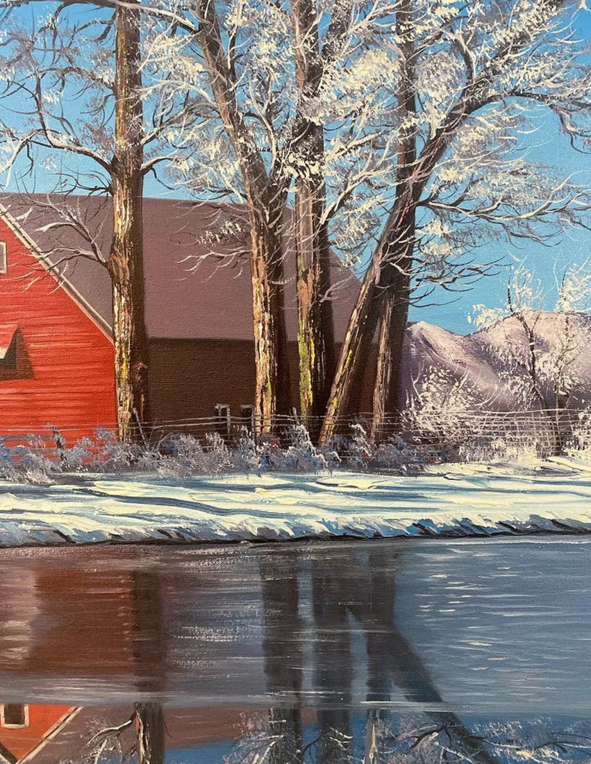 Red Winter Cabin Oil on Panel Signed - 3
