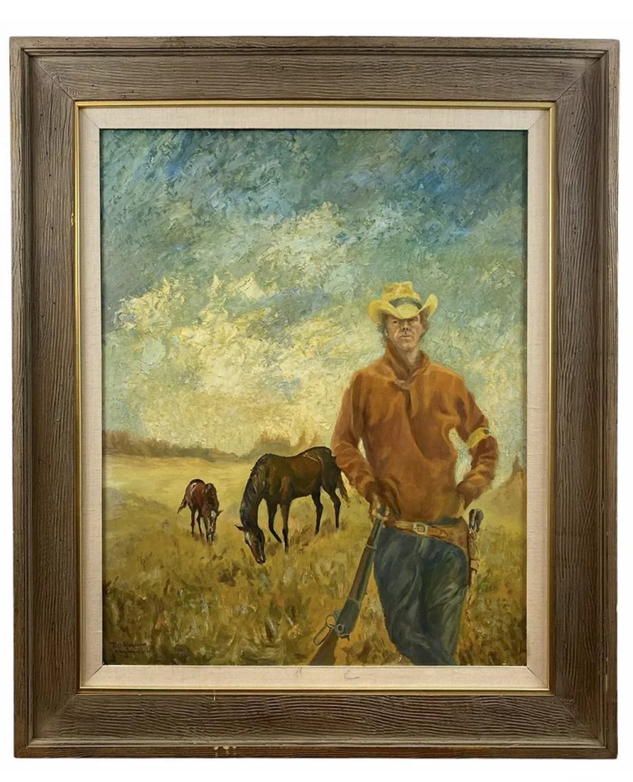 “Wrangler?? 1970 Oil on Panel by Theodore Hogsett: Frame:39 in x 33 in L - Painting: 29 in H x 24 in L *****Theodore Calvin Hogsett, passed away from natural causes on Friday, January 8, 2021. "Ted" was the son of Fred and Lucille Hogsett and grandson