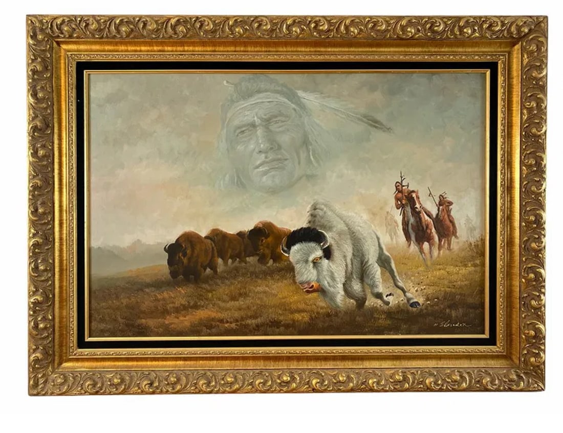 Indian Spirit - Oil Painting on Canvas - Signed: American Indian hunting Bison - Frame: 45 in L x 33 in H