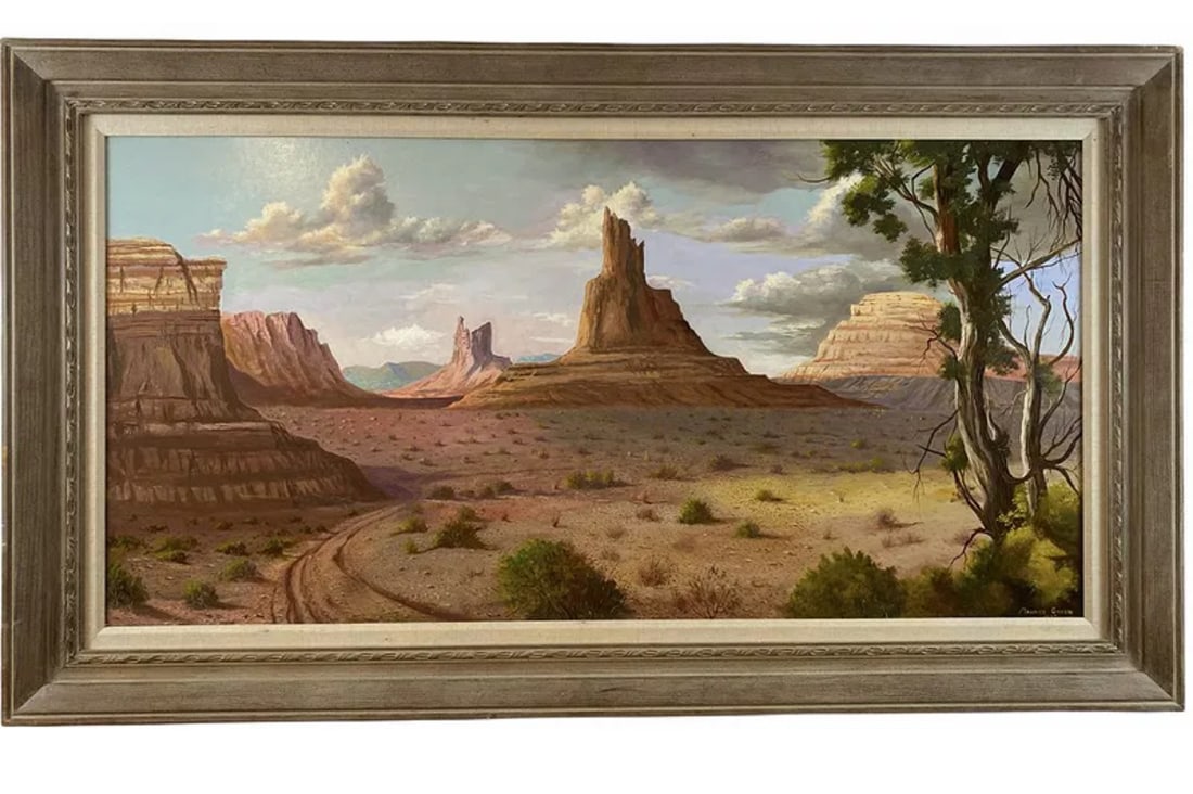 1982 Arizona Landscape Oil on Panel Painting by Maurice Green: Frame: 55 in L x 32 in H - Painting: 47 in L x 23 in H ***Oil on Panel by famous Albuquerque artist Maurice Green who lived and worked in Albuquerque until he passed in 2000. Its oil on Canvas and
