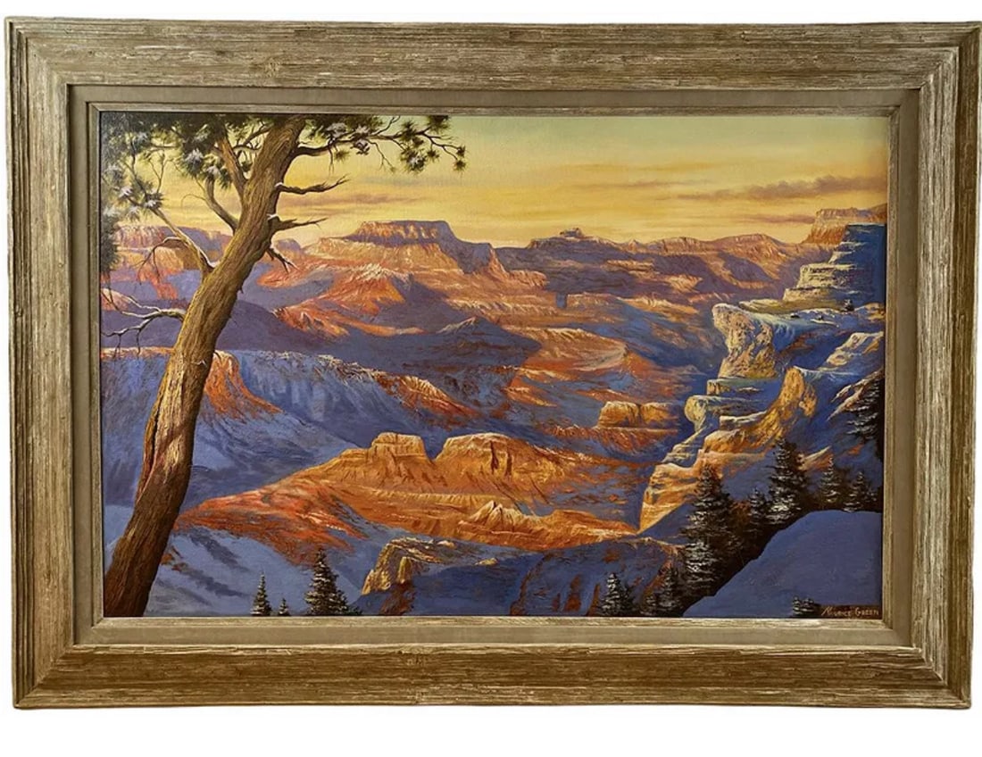 1978 Grand Canyon Landscape Huge Oil Painting by Maurice Green: Frame 63 in L x 45 in H - Painting: 51 in L in L x 31 in H **** Oil on Panel by famous Albuquerque artist Maurice Green who lived and worked in Albuquerque until he passed in 2000. Its oil on Canvas