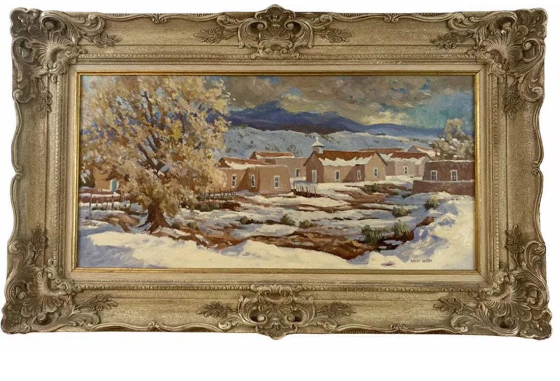 Snow Adobe Town Oil Painting by Ralph Leyba: Frame: 39 in L x 24 - Painting : 30 in L x 15 in H