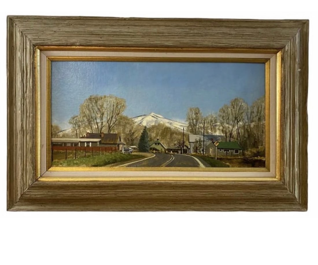 Road to New Mexico Oil Painting by Garriot: Frame: 34 in L x 22 in H - Painting: 24 in L x 12 in H ——Gene Garriott (1930-1995)Gene Garriott, realist painter of the rural West, was born in San Francisco, California in 1930 and came to make h
