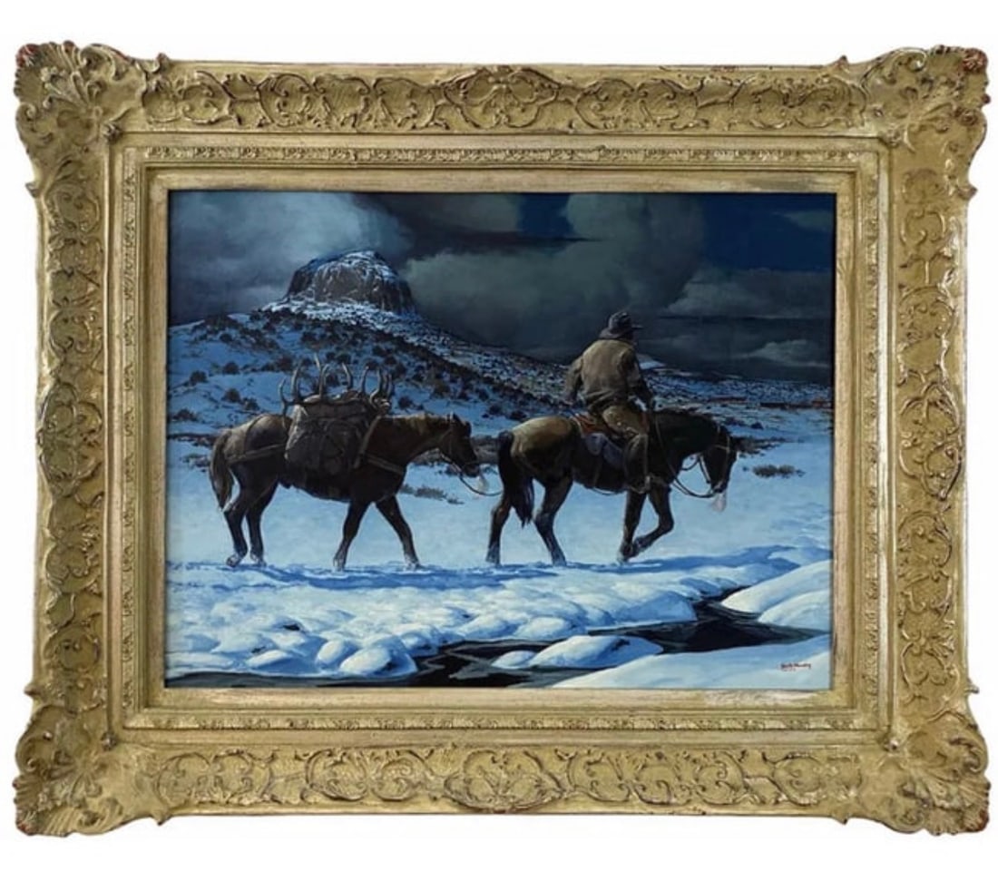 Snow Storm Oil Painting by Hector Morales: Oil On Canvas - Frame: 32 in x 26 in - Painting: 24 in x 18 in*** About HectorHector Moralesspecializes in southwestern art, and has been painting for almost fifty years. His specialities include oil