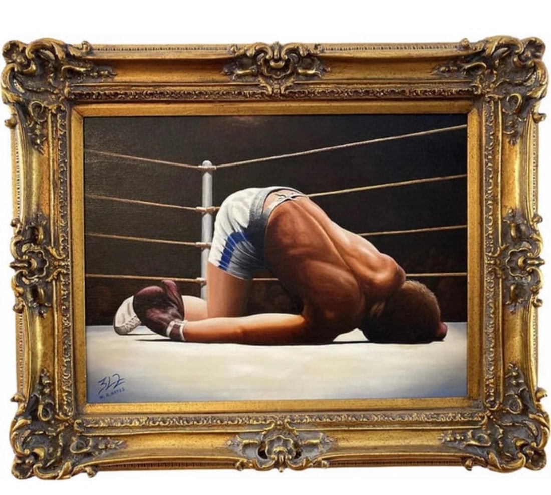 The K.O. Boxer Oil painting By W. H. Hayes: Boxer Oil Painting - Frame: 32 in L x 26 - Painting: 24 in L x 18 in H