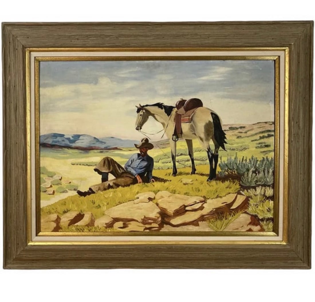 Horse and Cowboy Oil Painting by E. Wallac (1 of 2)