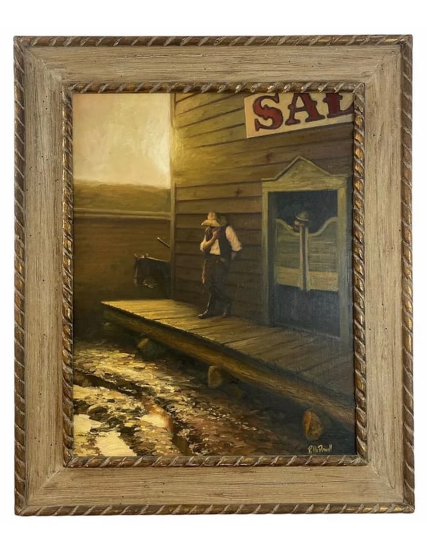 Western Cantina 1981 Western Oil Painting by Dowell: Frame : 38 in H x 31 in L - Painting : 27 in H x 21 in L