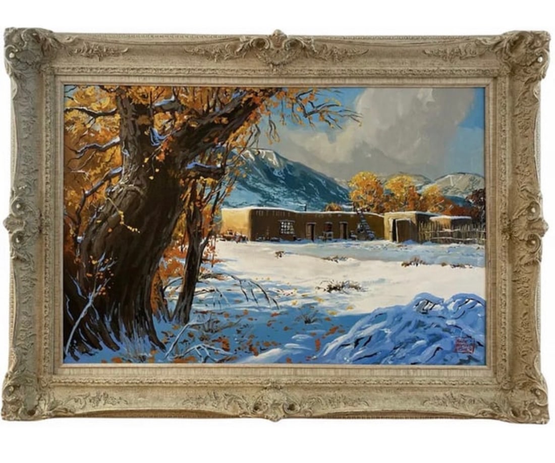 Landscape Adobe Oil Painting by Hector Morales: Frame: 45 in L x 32 in H - Painting: 36 in L x 24 in **** About HectorHector Moralesspecializes in southwestern art, and has been painting for almost fifty years. His specialities include oil and acry