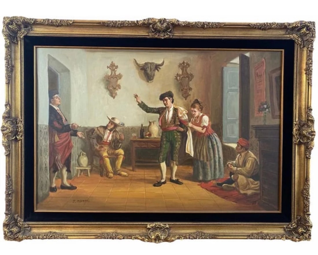 Matador Oil Landscape oil Painting by J. Movetti: Spain Inspired Oil Painting - Frame: 43 in L x 31 in - Painting: 36 in L x 24 in H -