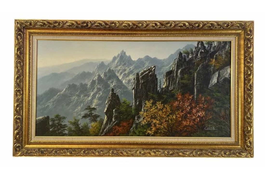 Landscape Mountain Oil Painting on Canvas by Collin: Frame: 57 in L x 33 in -