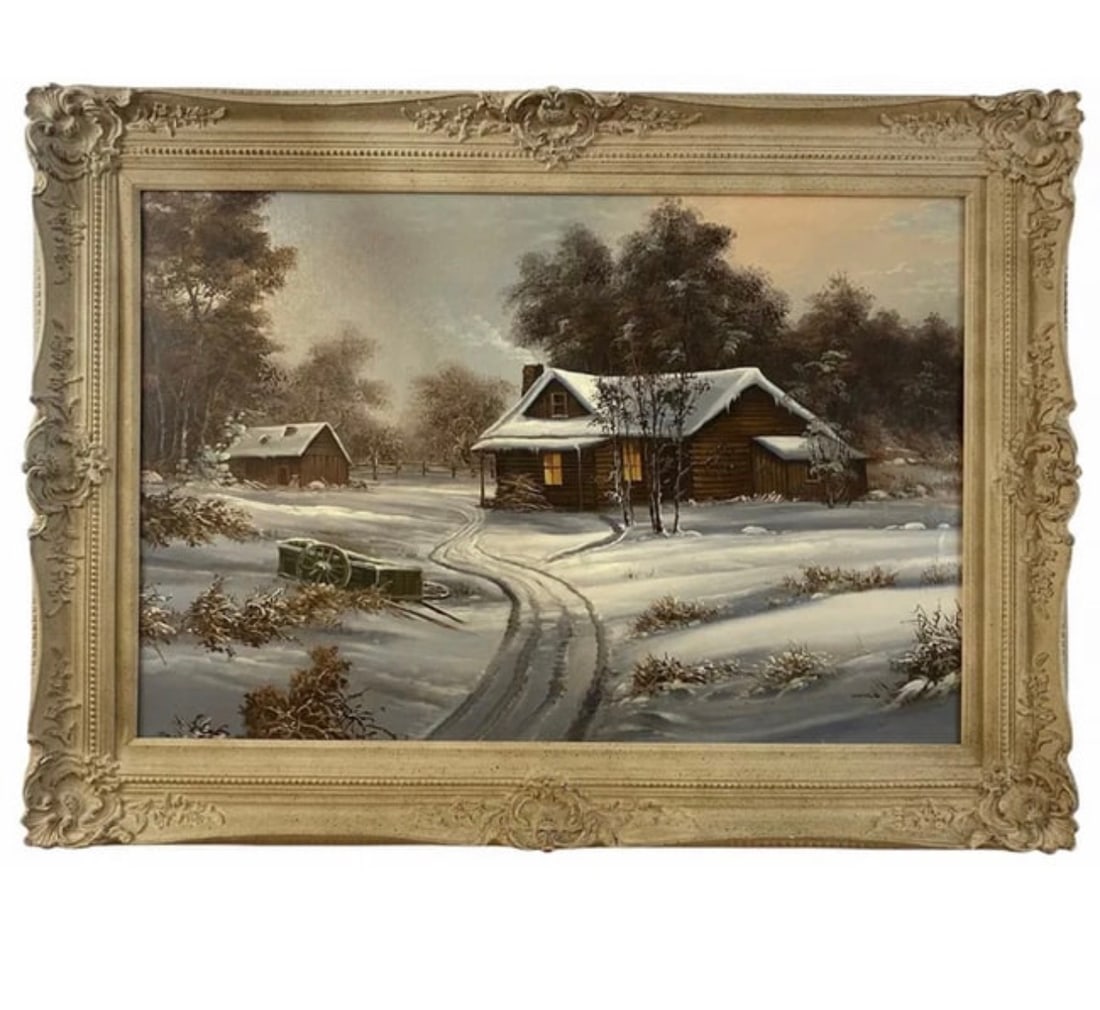 Winter Landscape Cabin by Mike: Size: 44 in x 32 in