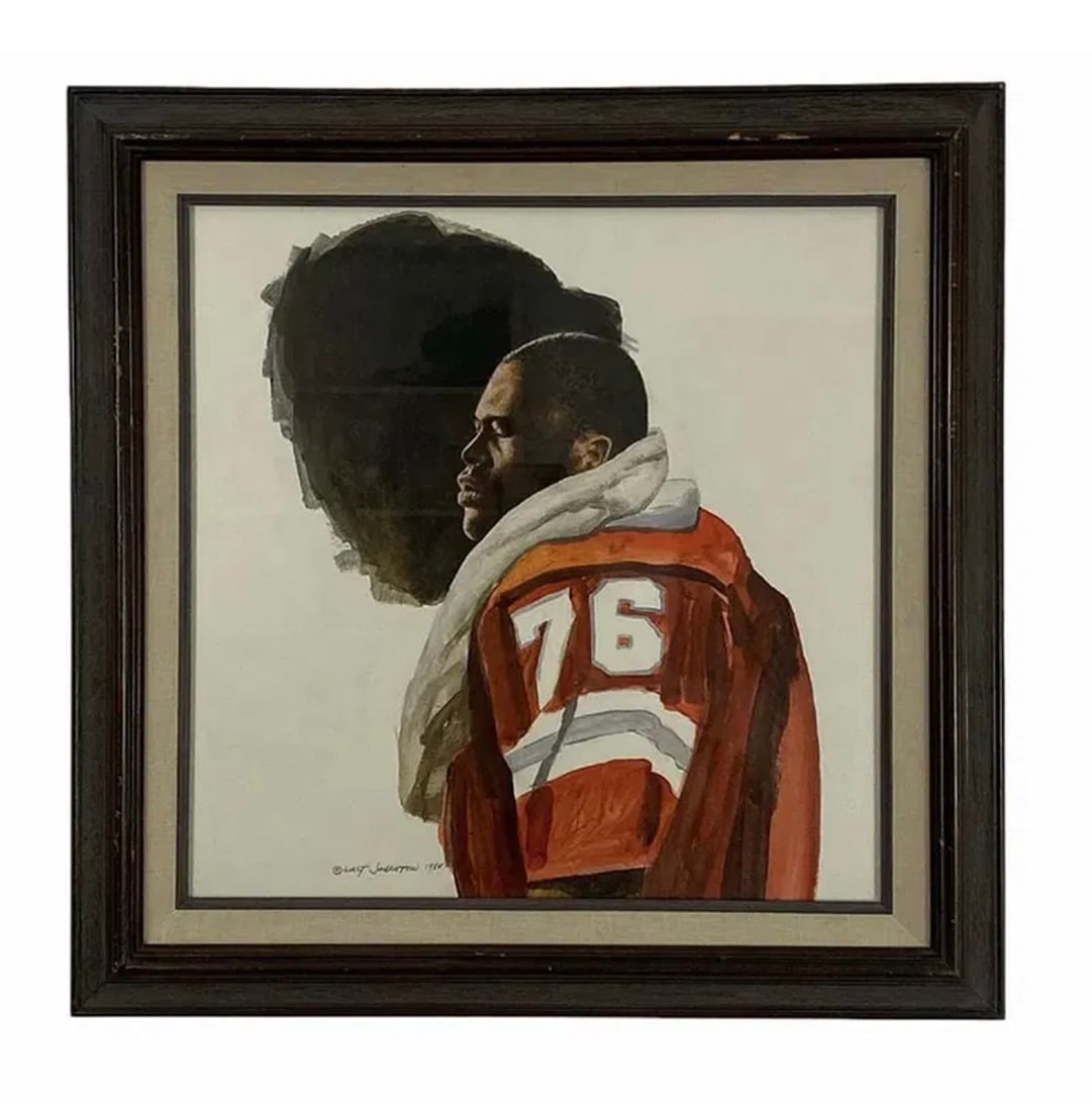 1984 Watercolor Football Art by Walt Johnston: Measurements: 21 in L x 21 in H Walt Johnston ( 1932-2018) was a contemporary realist. He looked at everything in the most modern way, saw the underlying abstract form, then brought that vision to a s