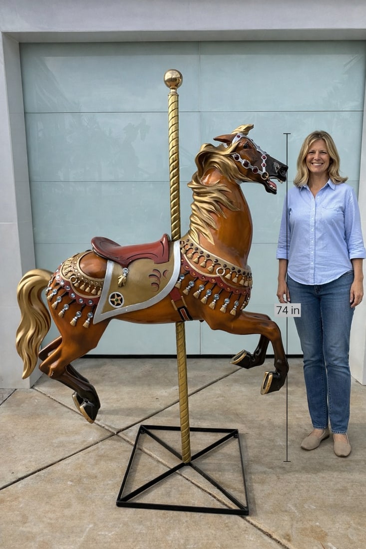 74-Inch Luxury Carousel Horse Sculpture with Ornate Detailing: Size: 74 in x 67x 17 in This is a beautifully detailed carousel horse sculpture, designed in a classic European fairground style. The horse is captured in a dynamic leaping pose, giving it a sense of