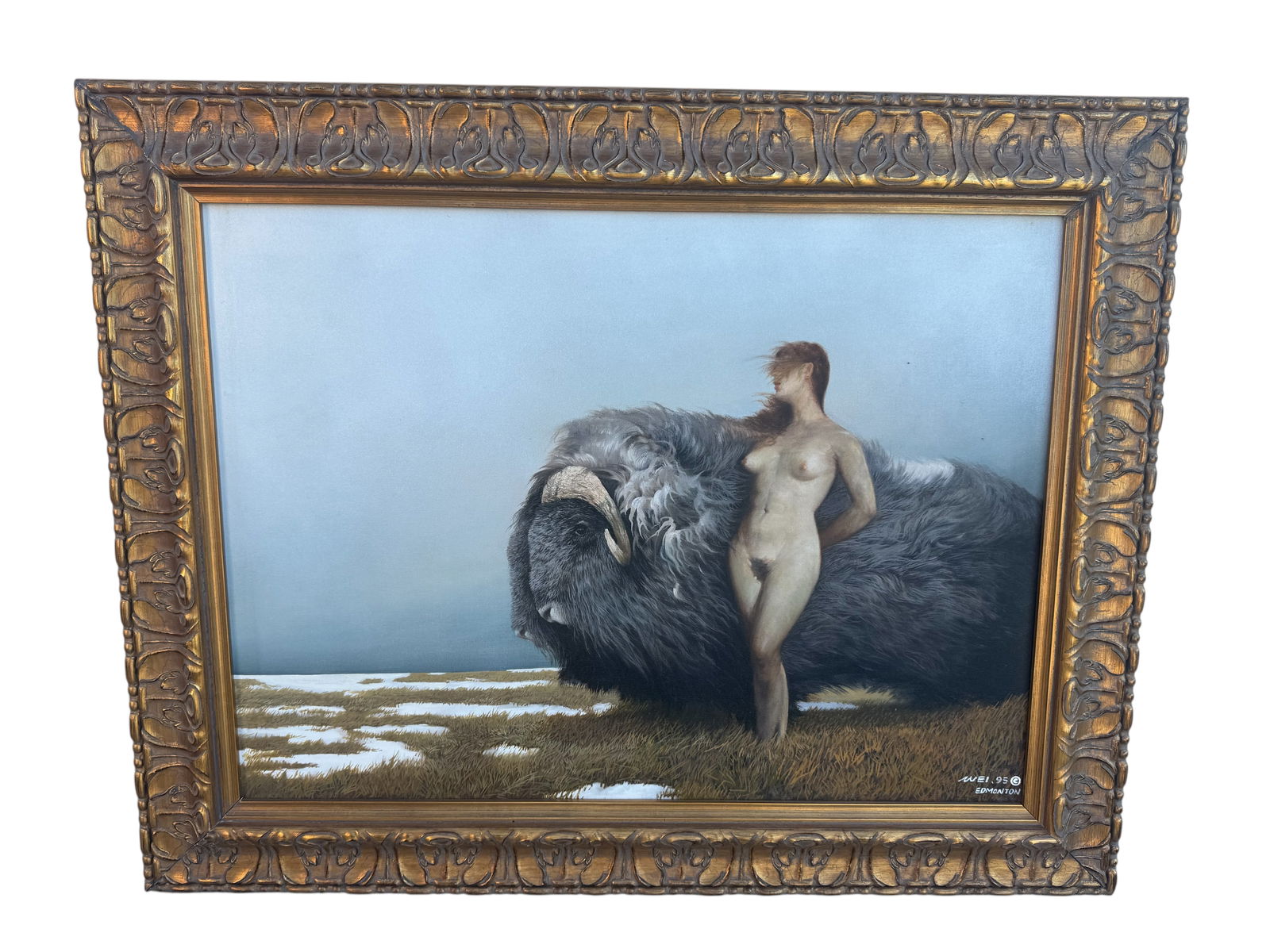 Western Nude Bison and a Woman Painting by Edmonton: Size:41 in x 32 in