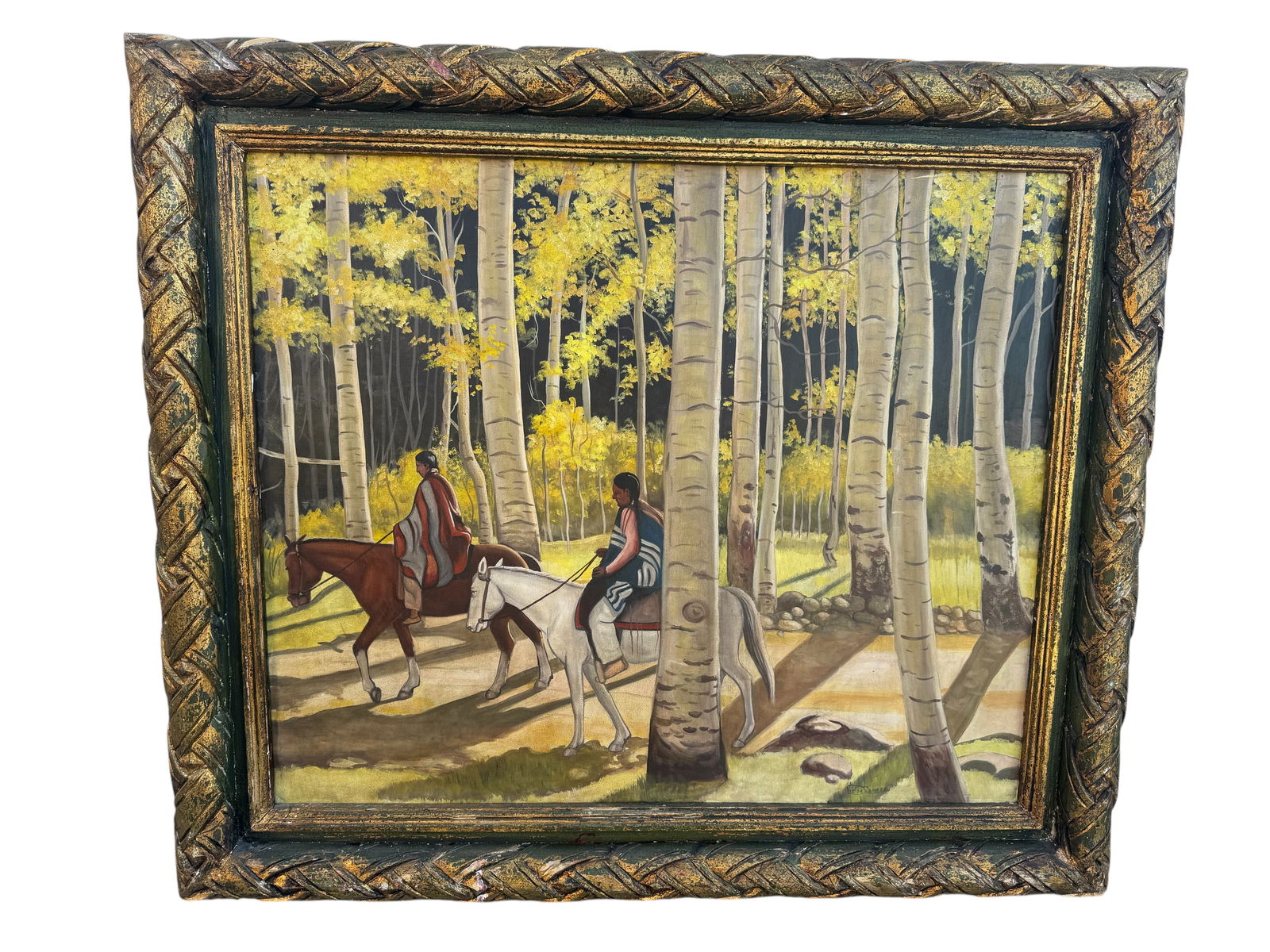 Large Native Indian on Horse Landscape Oil Painting: Size: 43 in x 37 in