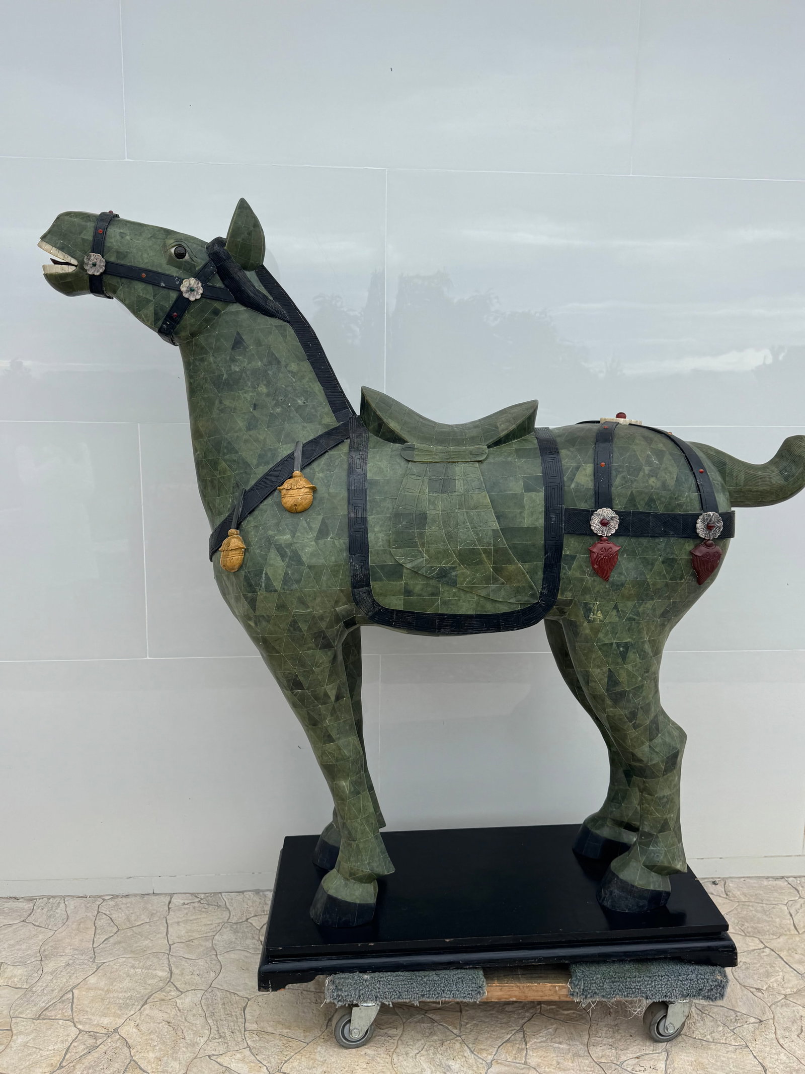 Near Life Size Tang Horse Jade Style Stone: Size: 63 in x 65 x 16 in