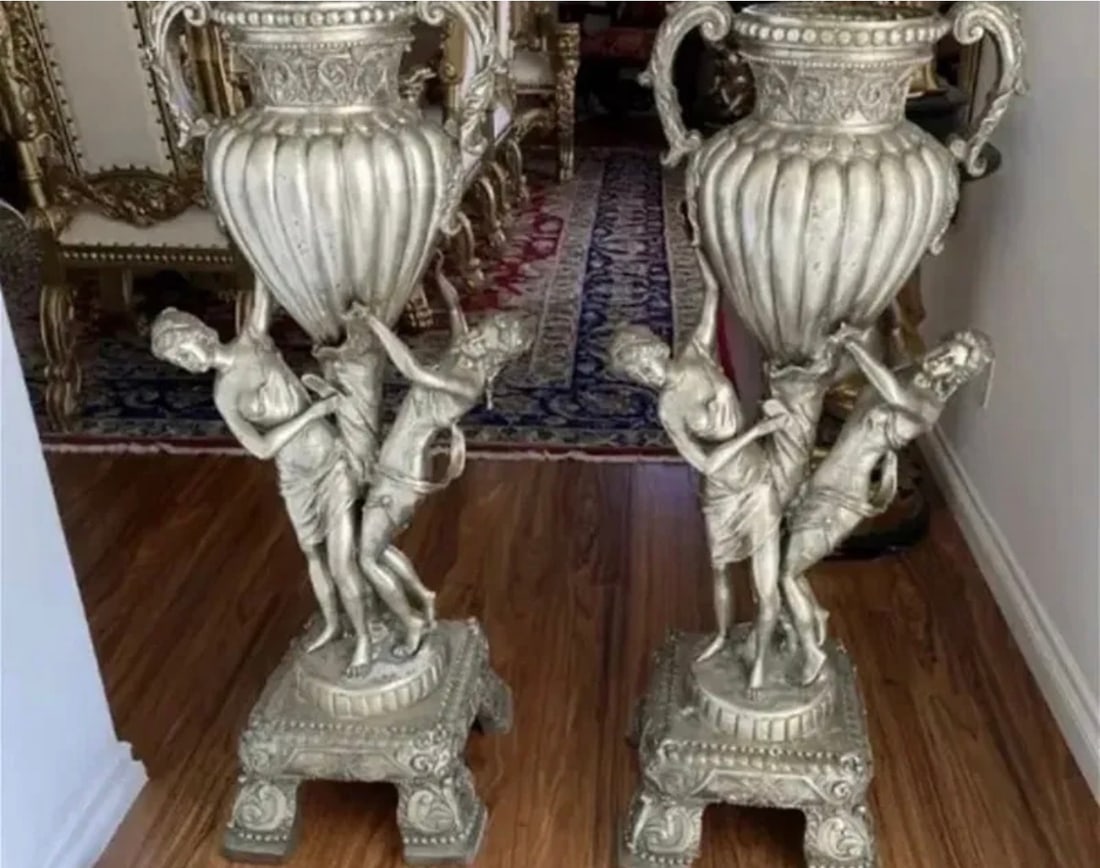 Pair of Large Bronze Urns Sculptures: Size:47 in x 20 in x 16 in