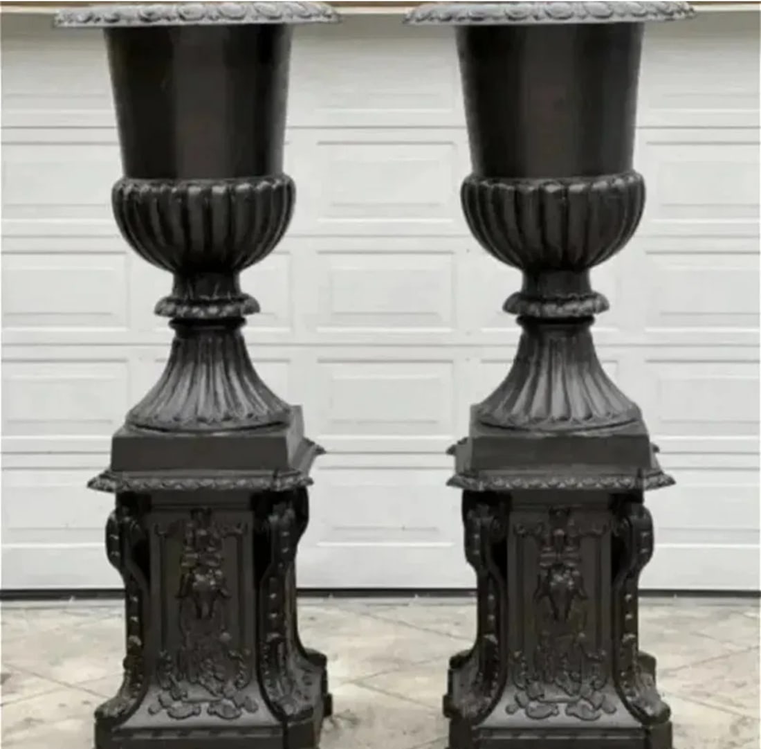 Pair of Monumental French Iron Urns and Pedstal: Size: 83 in x 34 in