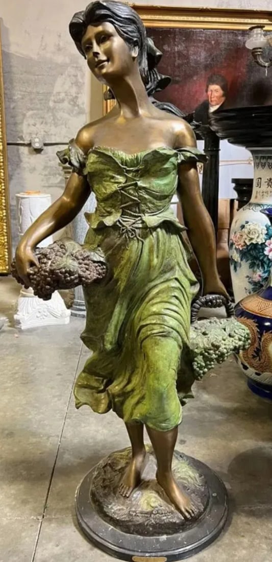 Almost Life Size Bronze Lady Sculpture Signed: Size: 55 in x 29 in
