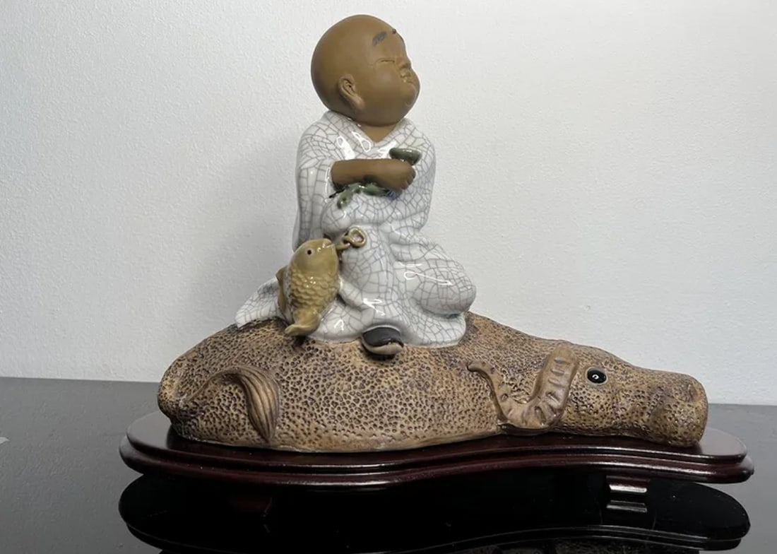 Chinese Kid Boy Monk Oxen Statue: Size:16 in x 12 in x 8 in