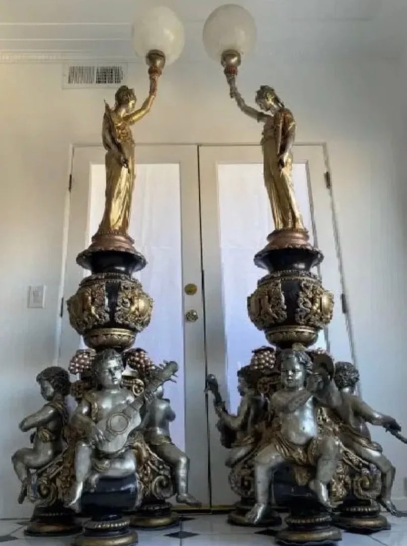 Luxury Bronze Floor Lamps, Cherubs, Goddesses and Grapes: Size:102 in h X 38 Diameter