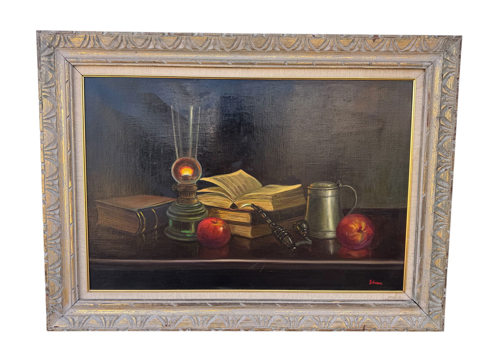 Candle ligh, Books and Fruits Oil On Canvas: Size: 44 in 32 in
