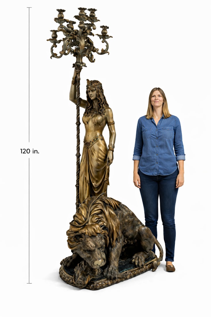Monumental Warrior Queen with Lion and Torch Life Size Bronze Sculptural Group (1 of 3)