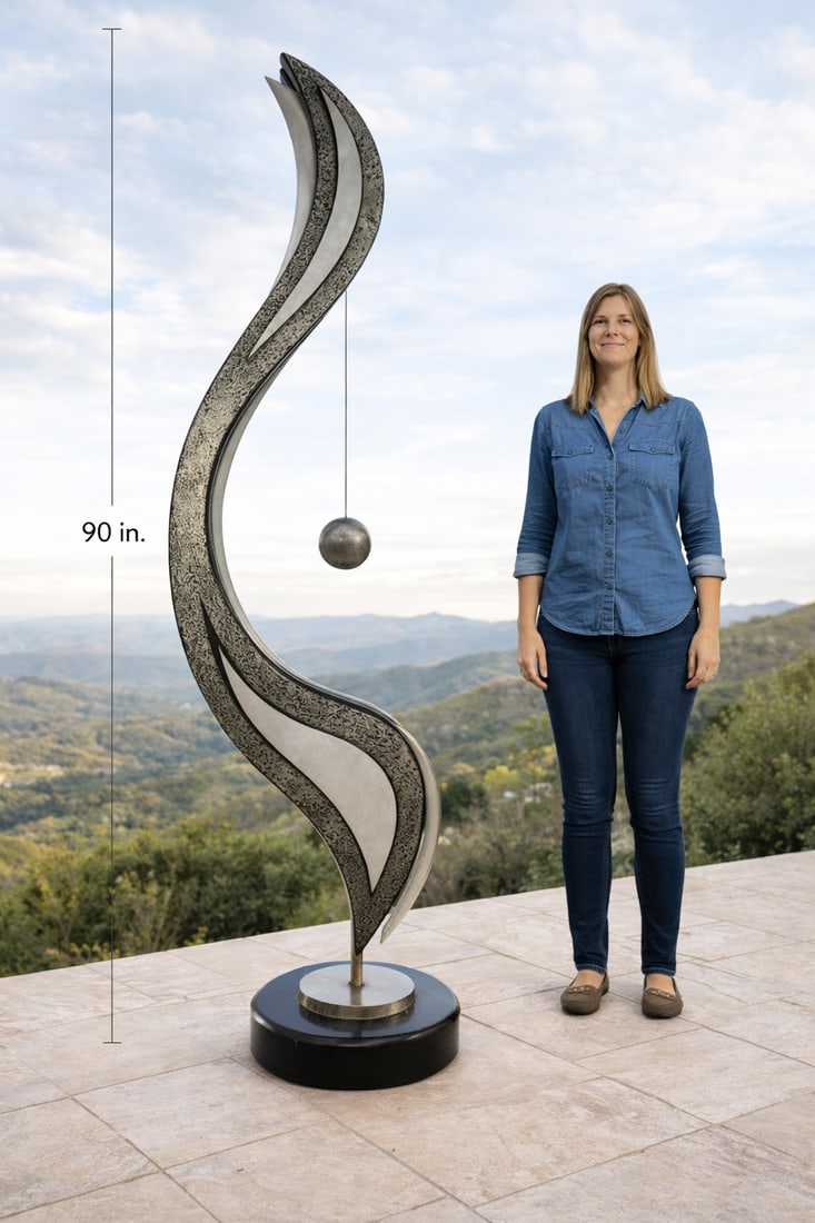 Monumental Abstract Sculpture with Floating Sphere Signed: Material: stainless steel, acrylic and marble base. This contemporary abstract sculpture features a tall, elegant vertical composition defined by flowing, organic curves and refined balance. Rising to