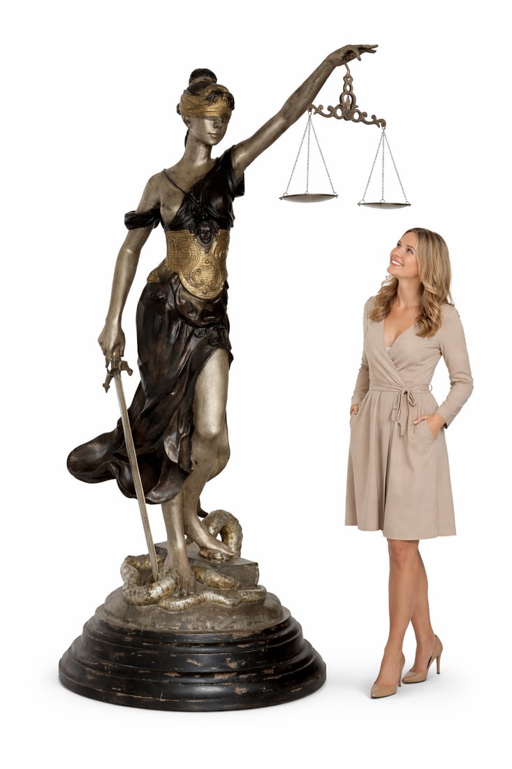 Monumental Justice Lady Bronze Sculpture: Size: 90” tall This sculpture is a dramatic, classical representation of Lady Justice, symbolizing law, balance, and moral authority.The figure depicts a blindfolded woman standing in a poised,