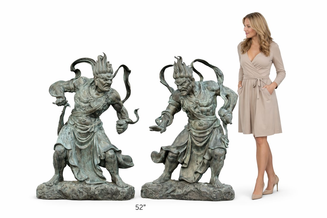 Large Temple Guardian Warrior Sculptures, Set of Two: These sculptures depict a pair of fierce guardian warriors, inspired by traditional East Asian mythological and temple protectors. Each figure is shown in a powerful, dynamic stance, conveying strengt