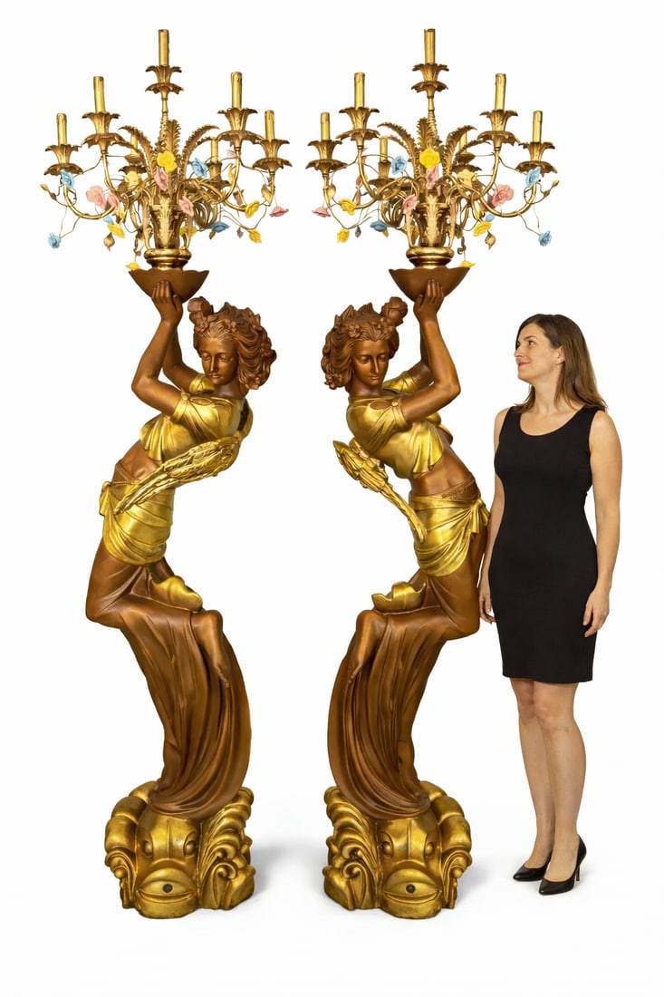 Monumental Pair of Gilt Figural Floor Candelabra Sculptures (1 of 1)
