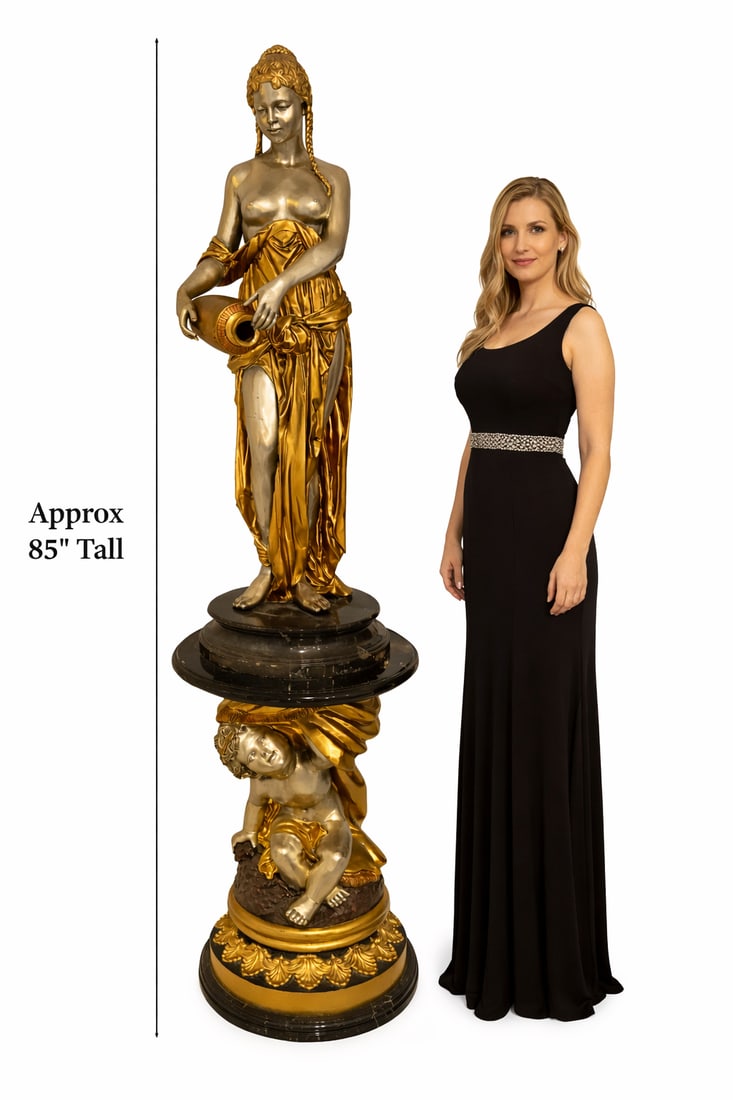 Life Size Bronze Neoclassical Allegorical Female Figure on Sculptural Pedestal: Size: 80 in height - The piece features an elegant classical female figure standing gracefully atop a circular marble display shelf. She is draped in flowing, gold-toned classical robes that cascade n