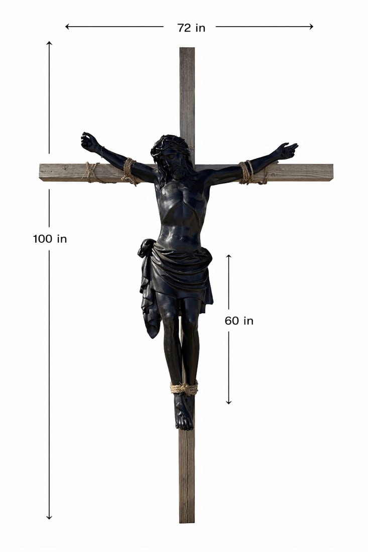 Sacrifice and Redemption Near Life Size Bronze Sculpture: This powerful crucifix sculpture depicts Jesus Christ in a moment of profound suffering and grace. Cast in a dark, bronze- finish, the figure is rendered with striking anatomical detail—defined