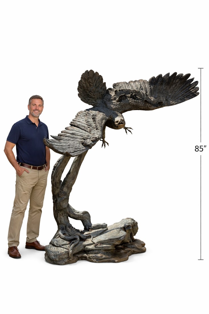 Monumental Bronze Eagle Sculpture: This impressive monumental eagle sculpture captures the powerful moment of a raptor in mid-descent, wings fully outstretched as it prepares to land. The eagle’s dynamic posture, sharply detailed