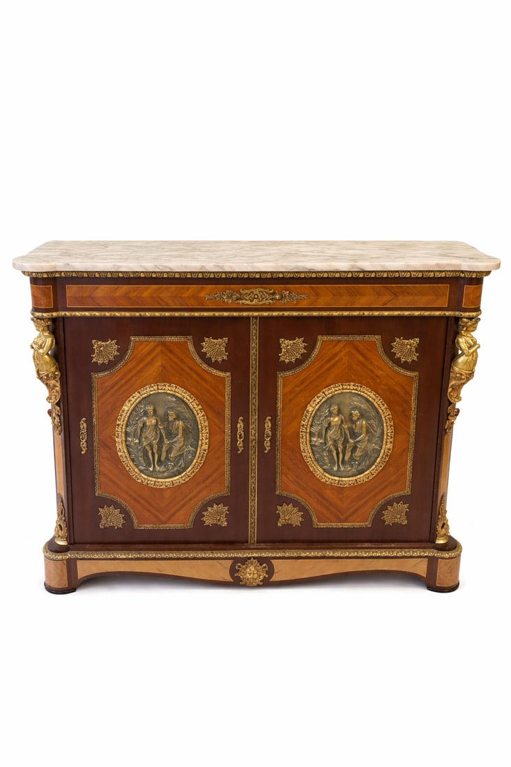 Louis XVI–Style Marble-Top Ormolu-Mounted Sideboard with Classical Medallions: Size: 50 in L x 40 in H x 17 in W - This elegant Louis XVI–style sideboard is a refined example of classical European craftsmanship, combining luxurious materials with balanced, architectural form.T