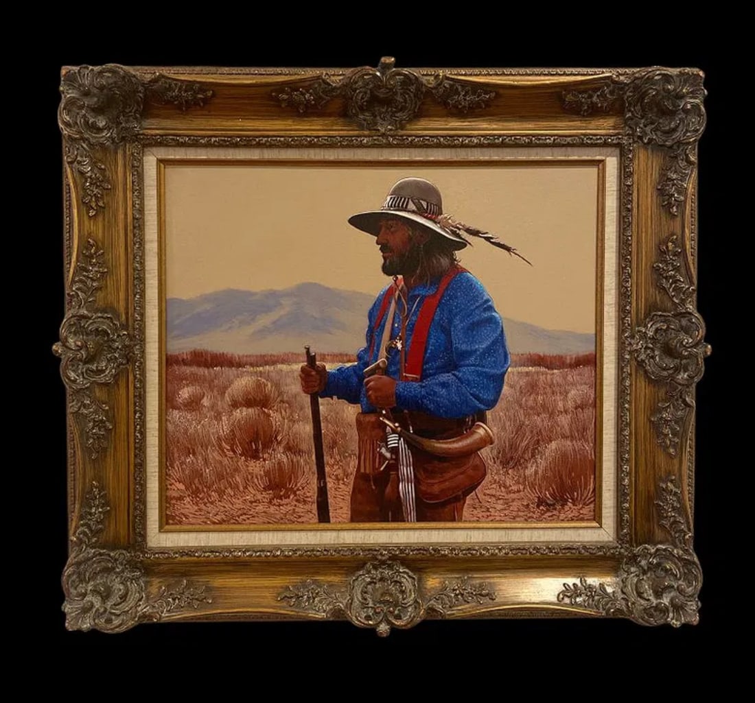 Mountain Man- Lawrence Benjamin Porter Painting: Framed: 34 inches Lx 30 in H Painting: 23 1/2 by 19 1/2 Born: 1929 - El Paso, TexasKnown for: Female nude in western landscape painting, romanticism, decorationName variants: Lawrence Benjamin