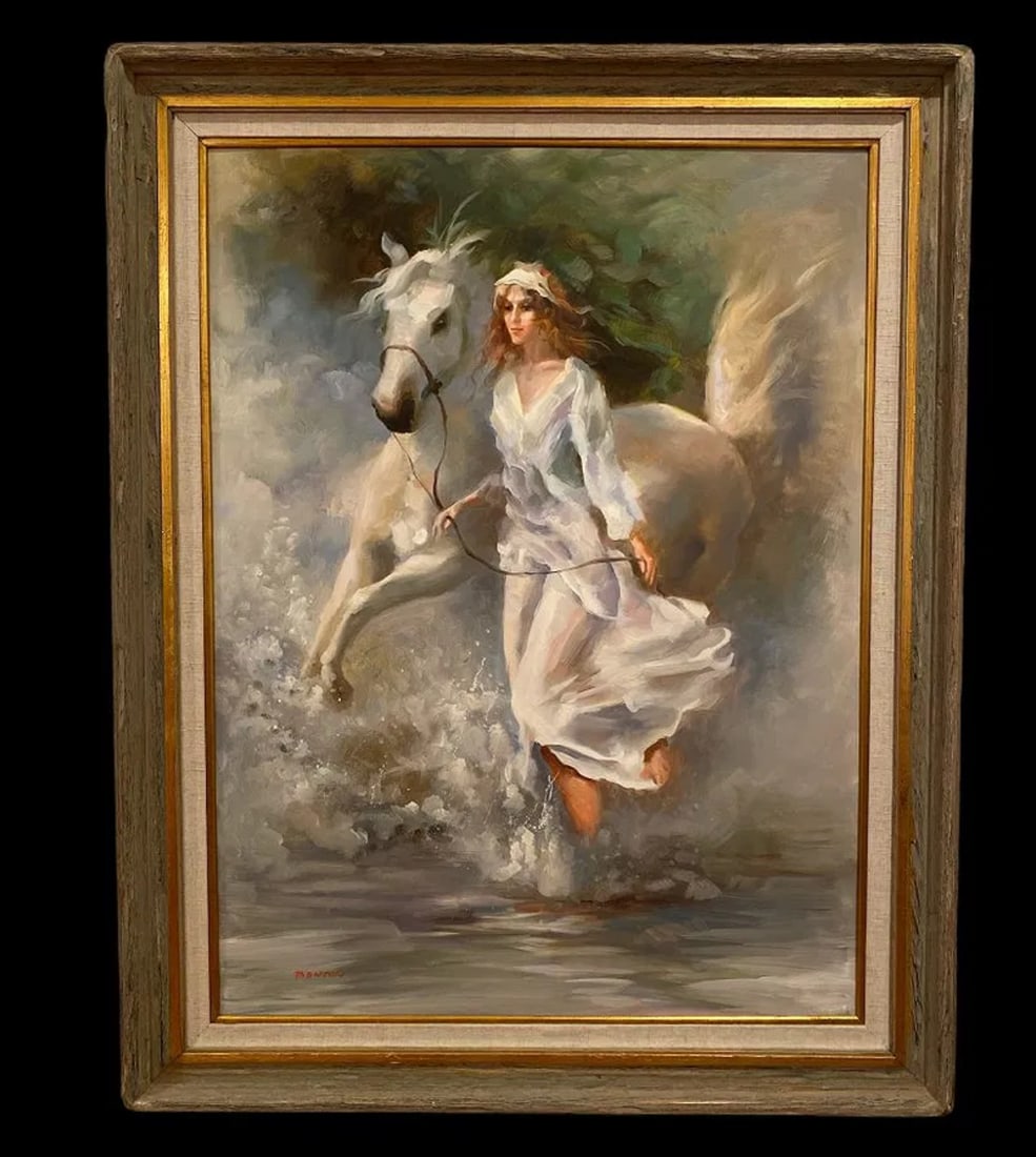 Huge White Horseand Woman Oil painting by Benton: Wood on Panel - Measurements:Framed 58 in H x 48in