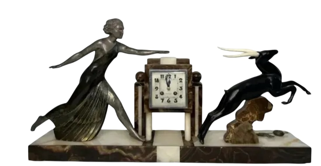 Large Art Deco Woman and Antelope Clock Sculpture: Size: 30 in x 19 in x 6 in